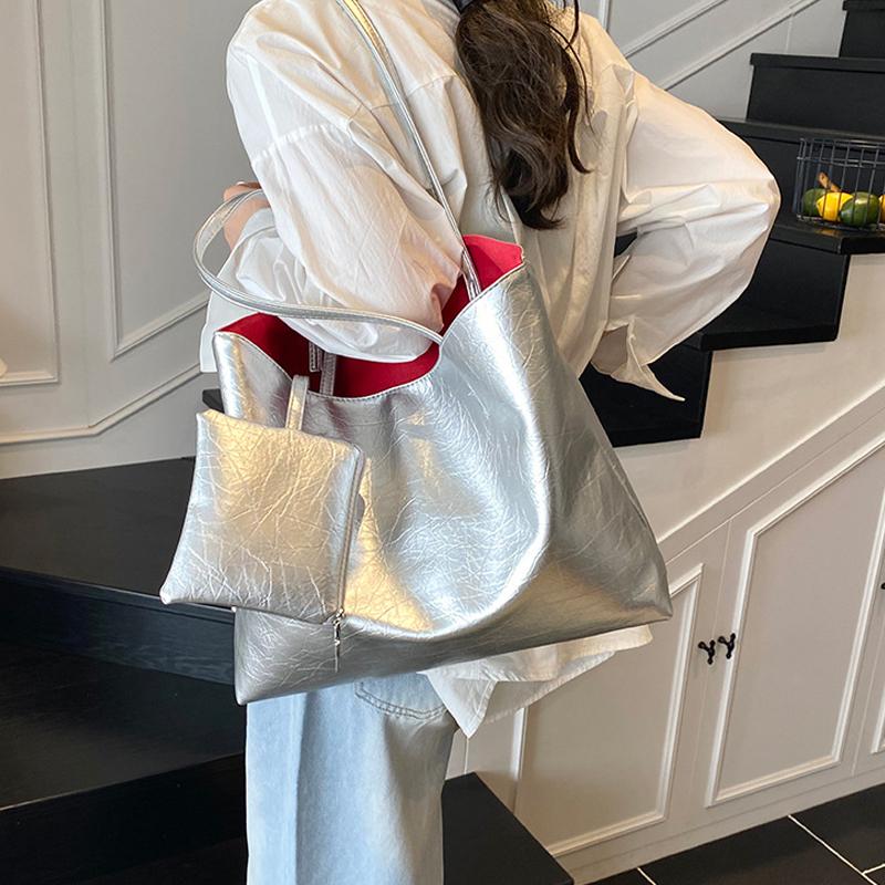 Женская сумка через плечо из ПУ кожи серебристого цвета, простой дизайн, высококлассная рабочая сумка для поездок, большая вместительная сумка-тоут с кошельком CLE