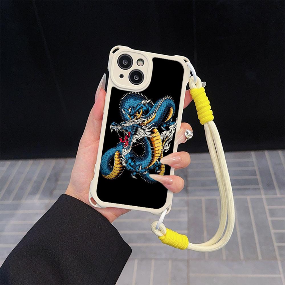 Ae77 Dragon Design Art Soft Phone Cases for iPhone 16 15 14 13 12 11 Pro Max 7 8 Plus XR XS Max with Wrist Strap Lanyard Corner Protection Back Cover