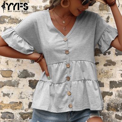 Женские модные повседневные светло-серые однотонные блузки и рубашки с v-образным вырезом и короткими рукавами с принтом