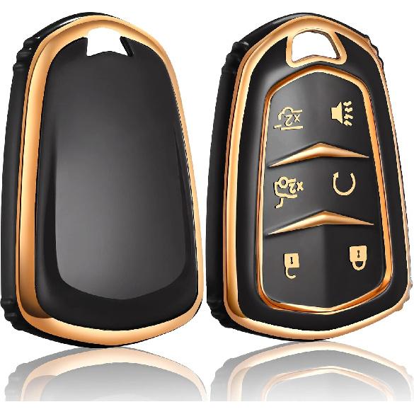 Key Fob Cover Keychain Accessories for Cadillac for Cadi Escalade ESV 6 Buttons, TPU Case(Black)