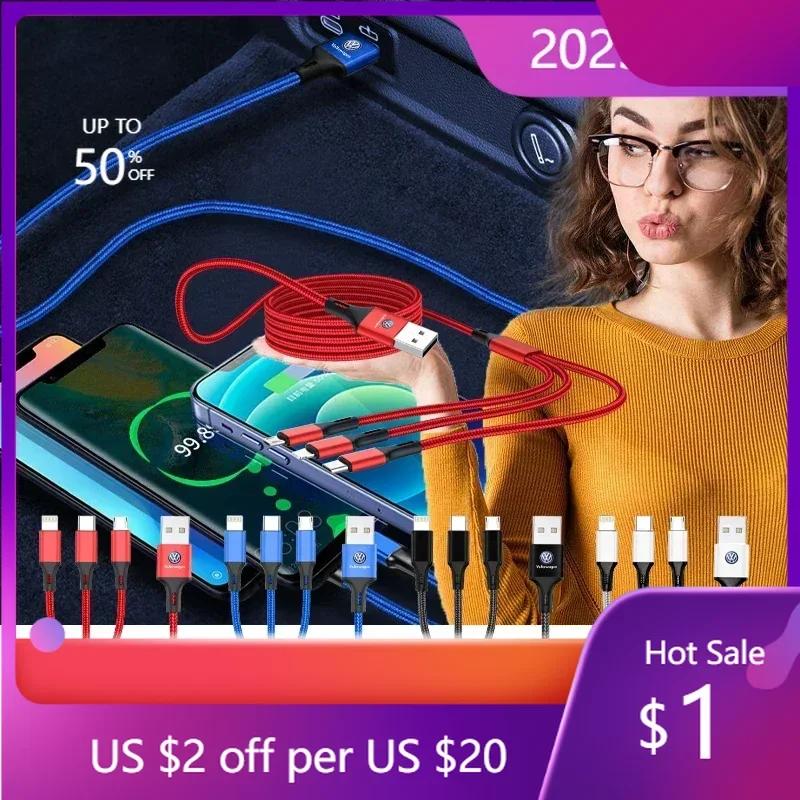 For VW Hot 2025 New New Car 3 In 1 Fast Charging Cord For iPhone Huawei USB Type C For Volkswagen CC R-Line GTI T5 Golf T-ROC R