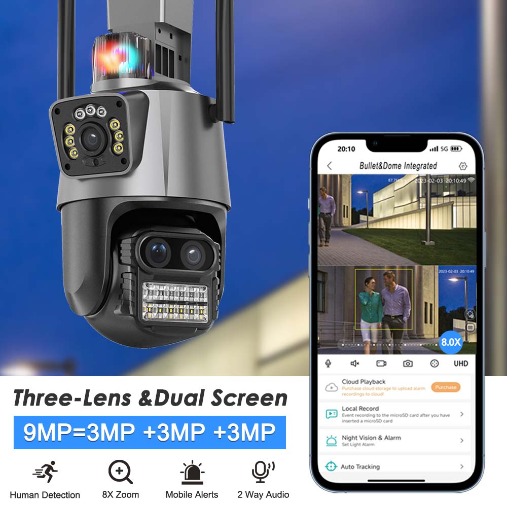 4K 9MP WiFi IP Outdoor Three Lens 8X Zoom PTZ Home AI Tracking Security Protection 6MP CCTV Camera ICSee