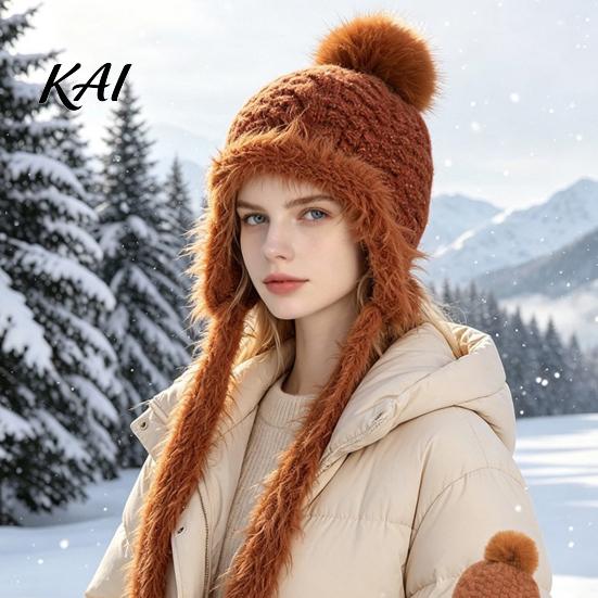 Ear Warmer Hat for Cycling Women Knitted Earflap Hat, Fuzzy Trim Pompom Soft Warm Protection Cap Winter Knit Outdoor Cycling, Cold Weather Daily Wear