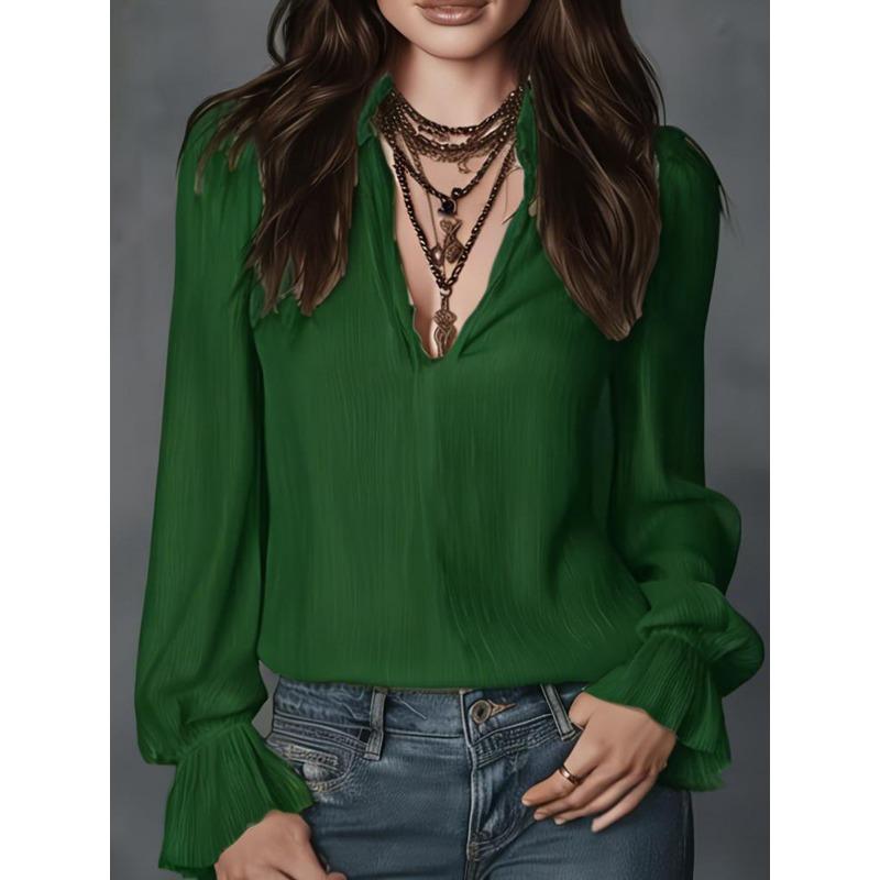 Women S Long Sleeve V Neck Solid Color Casual Blouse