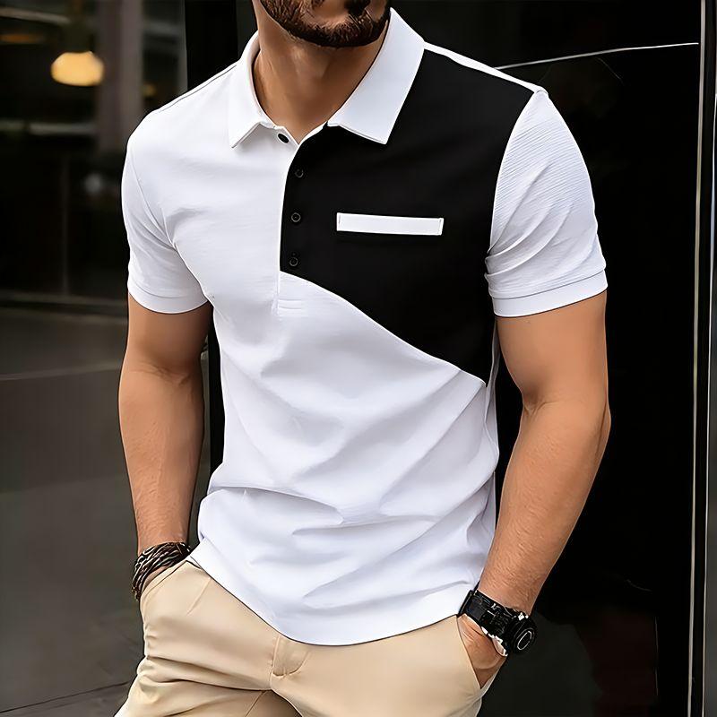 Новая мужская футболка-поло с коротким рукавом Color Block Streetwear с воротником-поло, летние спортивные топы для бега, свободный базовый топ с вставками