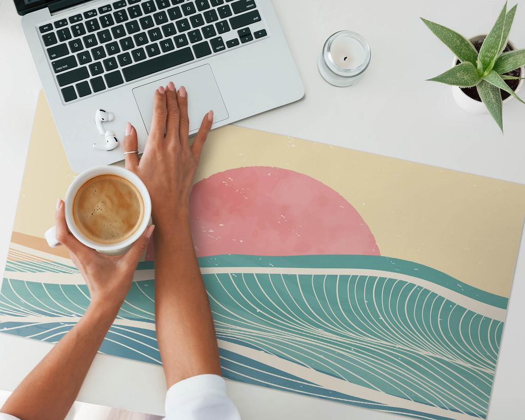 Protective Mat for the Tabletop for the Office, Company, Workplace, Waves and Sunset, 90x45 cm
