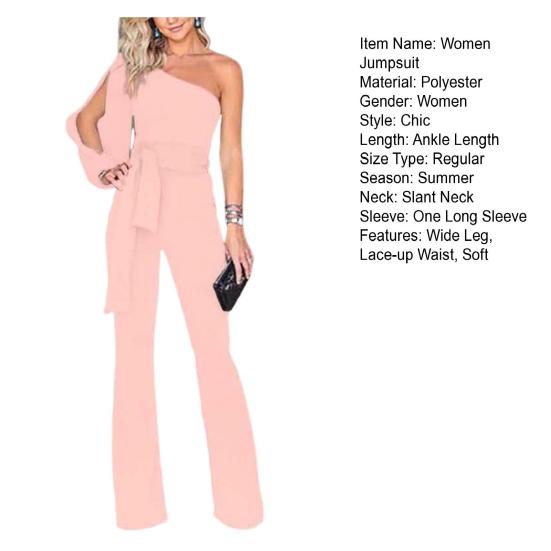 Лето-весна женский комбинезон на одно плечо с одним рукавом с разрезом на шнуровке узкая талия с широкими штанинами чистый цвет формальный стиль вечерние выпускной банкетный длинный комбинезон