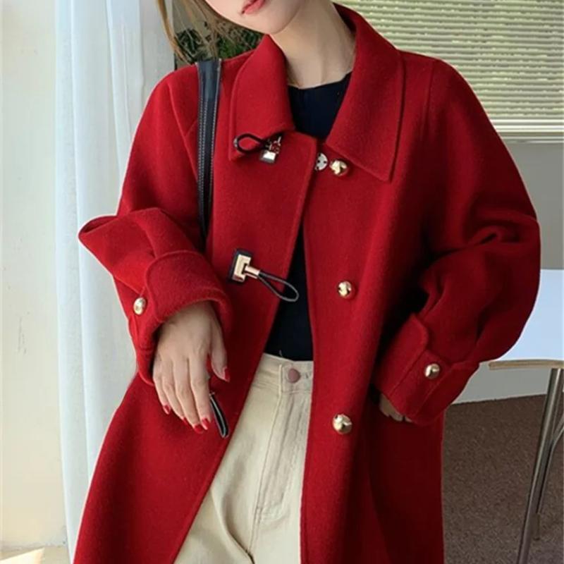 Cotvotee Red Wool Coat Women Autumn Winter 2023 Vintage New Turn Down Collar Long Coats Casual Long Sleeve Horn Button Jacket