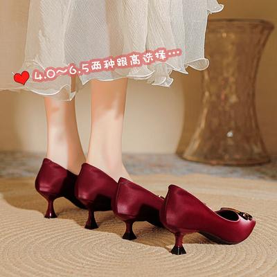 Женские туфли на высоком тонком каблуке, сексуальные, 2025, новая коллекция весна-осень, французские туфли на маленьком каблучке, красные свадебные туфли, средний каблук, остроносые туфли-лодочки