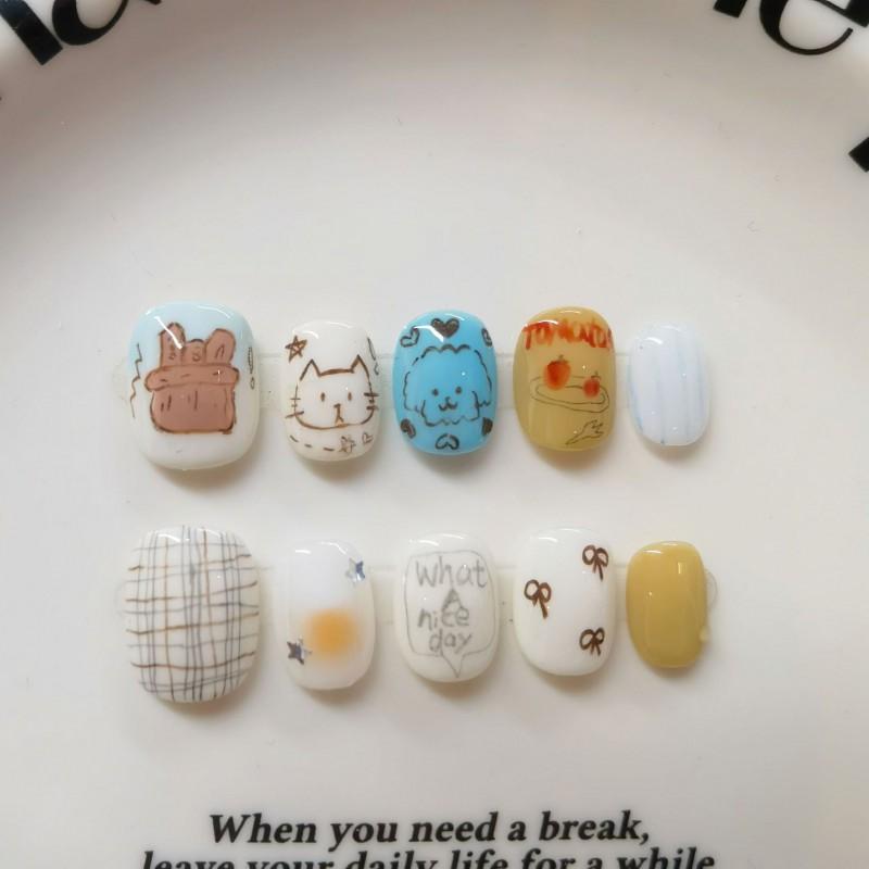 Cute Hand-Painted Press-On Nails Short Square Cat Eye Design Sweet Ins Style Nail Art Women