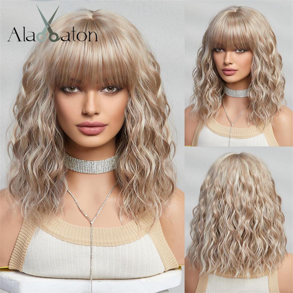 ALAN EATON Short BOB Synthetic WIGS Light Blonde Curly Wig with Bangs for Women Cosplay Daily Party Heat Resistant Fiber Wig