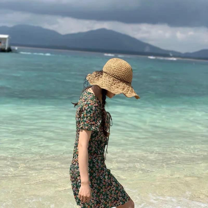 Women's Handmade Straw Panama Hat Summer Fashion Bowknot Foldable Wide Brim Sunscreen Cap for Outdoor Beach UV Protection