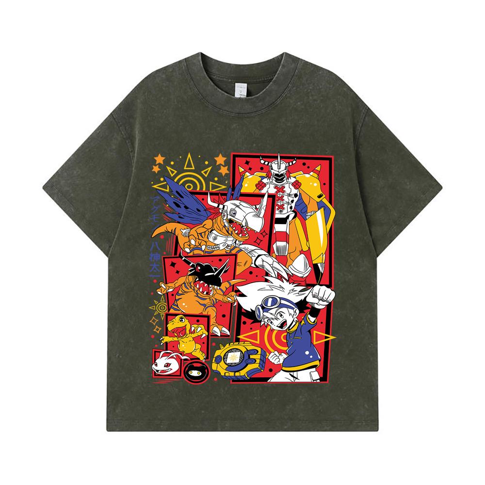 275 GSM Washed T-shirts 100% Cotton Digimon V1 Agumon Print Unisex Heavy Cotton T Shirt