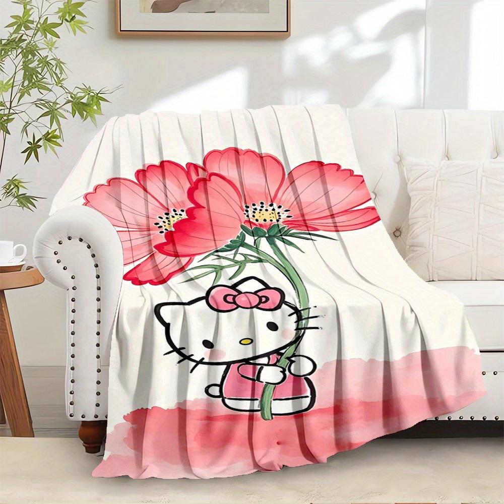 For Hello Kitty, Flower, PinkAnime-Themed Flannel Blanket, Glam Style, Digital Print, All-Season Comfort, Tear-Resistant, Knitted Craftsmans