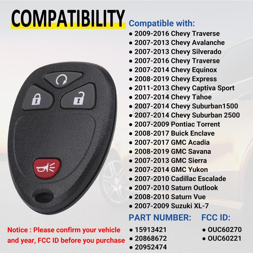 Key Fob Replacement For 2007-2014 Chevy Silverado Suburban Avalanche Tahoe Equinox Traverse Escalade/ 07-13 Gmc Sierra Yukon XL Savana Acadia/ 08-16