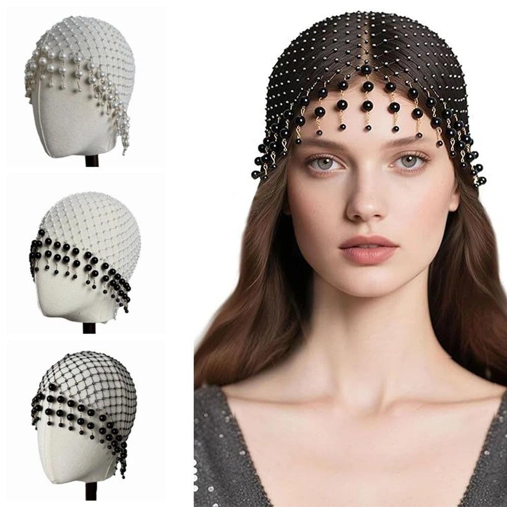 Elegant Pearl Tassel Hair Hat Hollow Out Luxury Headcaps Handmade Pearl Hat Bridal Headpiece