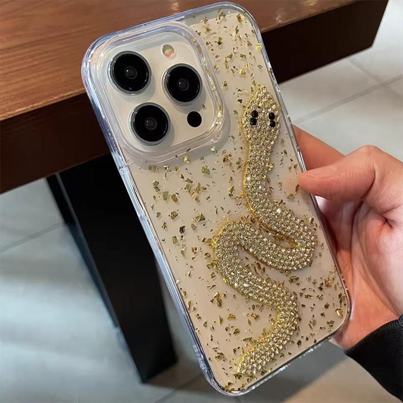 Капельный клей Прозрачный 3D-чехол с блестками из золотой фольги в виде змеи для iPhone 16, 15, 14 Plus, 13, 12, 11 Pro Max, блестящий чехол со стразами