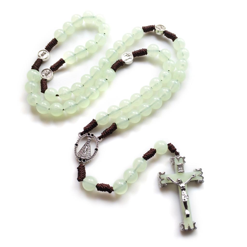 10mm Rosary Beads Luminous Necklace Jesus Crucifix for Cross Pendant Necklaces Glow In Dark Religious Jewelry for Men Wo