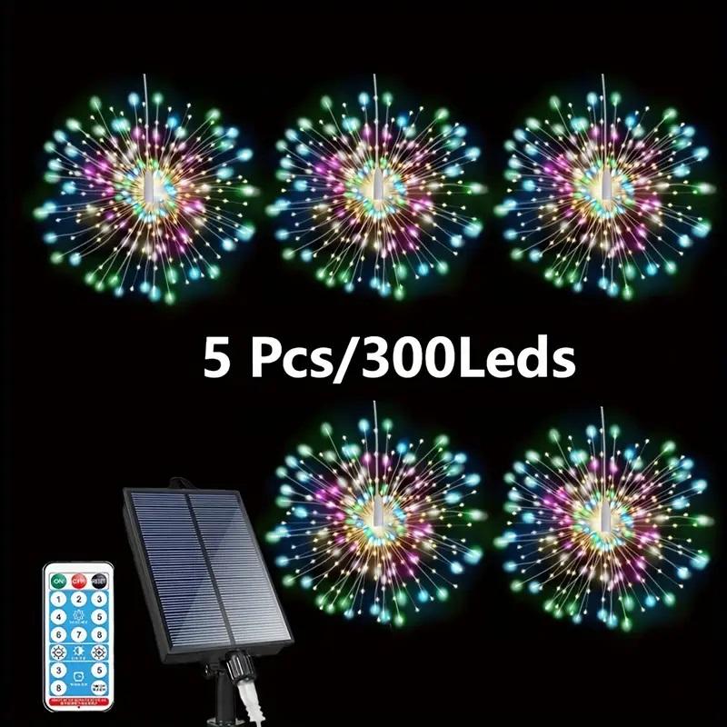 5 шт. 300 светодиодных солнечных лампочек, фейерверки, дистанционное управление, таймер, 8 режимов, регулируемая яркость, водонепроницаемые, подвесные гирлянды для вечеринок на патио