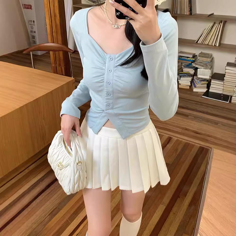 Стильный высококлассный сенс нерегулярный облегающий и тонкий короткий Spice girl большой вырез длинный рукав женский осенний универсальный