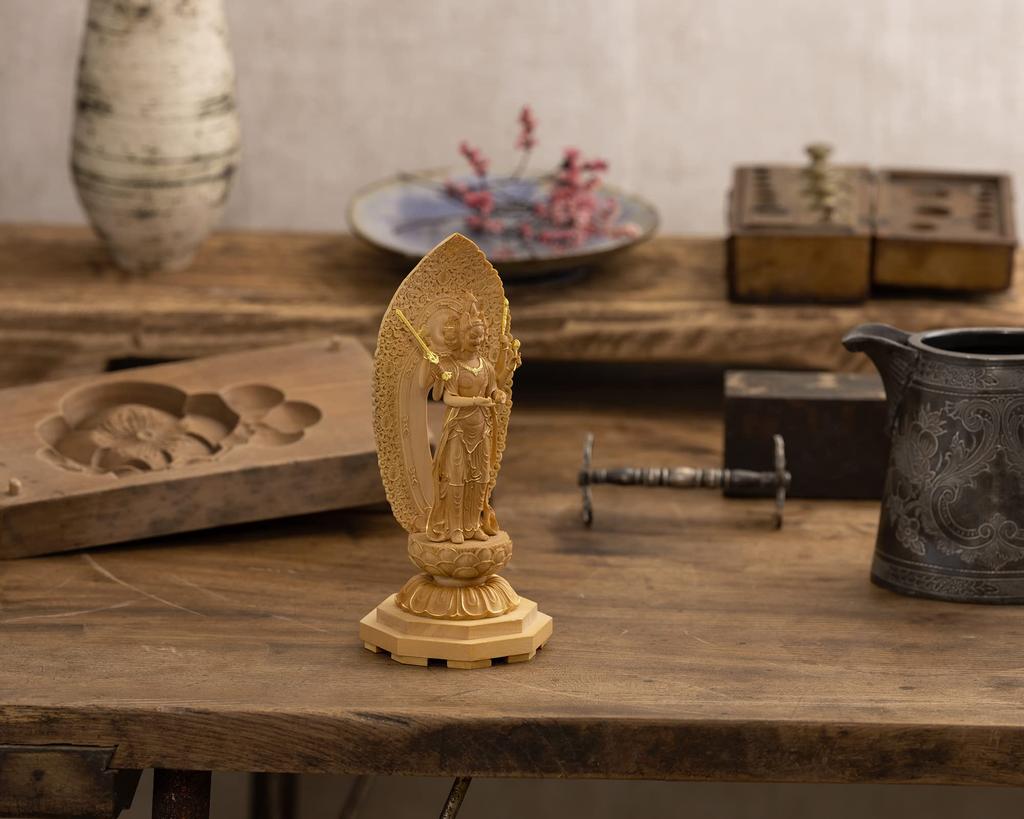 Маленькая статуя Будды Бато Каннон из золотой глины Канзеон Бодхисаттва Будда, резьба по дереву, орнамент Бато Каннон 14,2 см (Деревянный самшит, отделка) _ (ГСБ