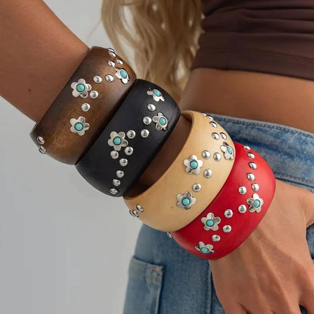 Salircon 4 Colors Punk Retro Round Wooden Wide Bracelets for Women Hip Hop Stackable Chunky Bangles Steampunk Jewelry Accessory
