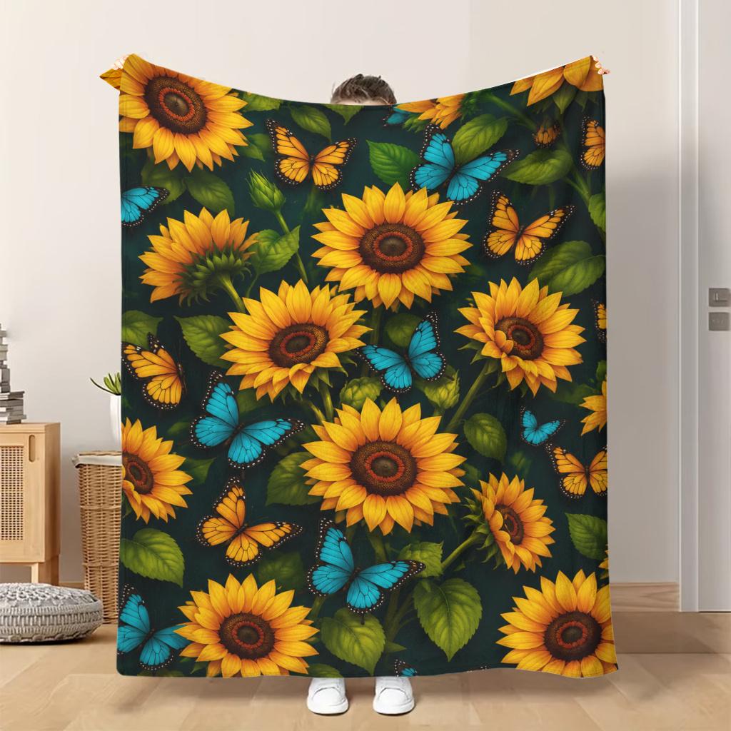 1pc Flannel Blanket Sunflowers And Butterflies Blooming This Shawl/blanket/nap Blanket/sofa Blanket Is Soft Comfortable and Warm S
