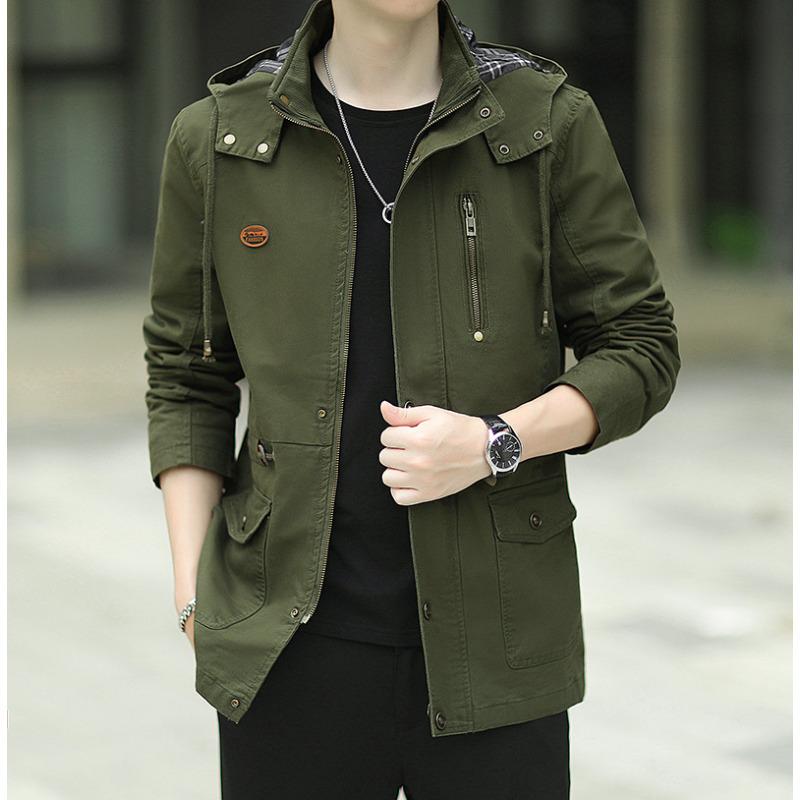 Весна и осень хлопковая стираная куртка мужская свободная повседневная новая тренчкот средняя и длинная куртка с несколькими карманами большой размер