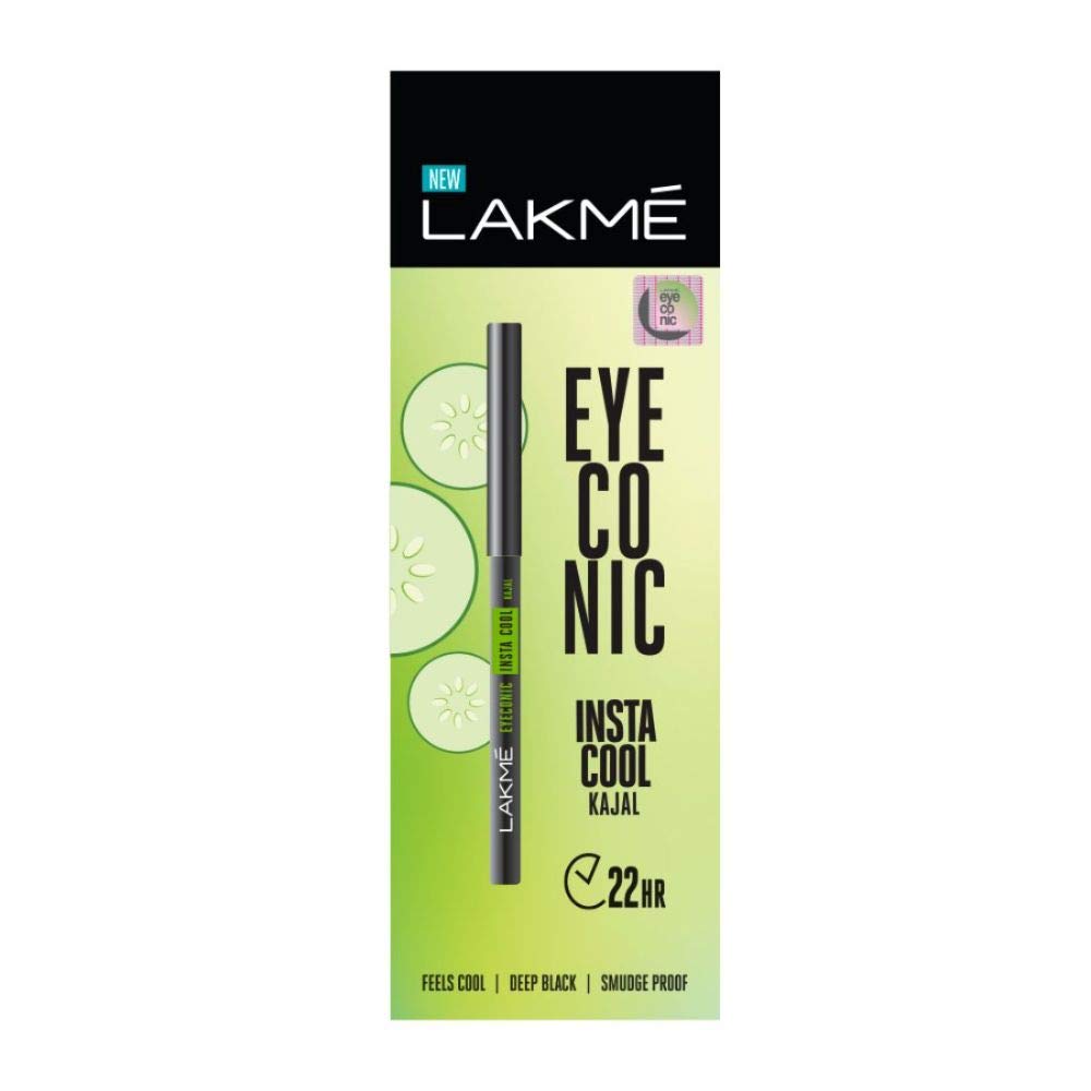 LAKME Eyeconic Insta Cool Kajal, черный, охлаждающий карандаш с огурцом, закручивающийся карандаш — водостойкий, устойчивый к размазыванию и стойкий макияж глаз, 0,35 г