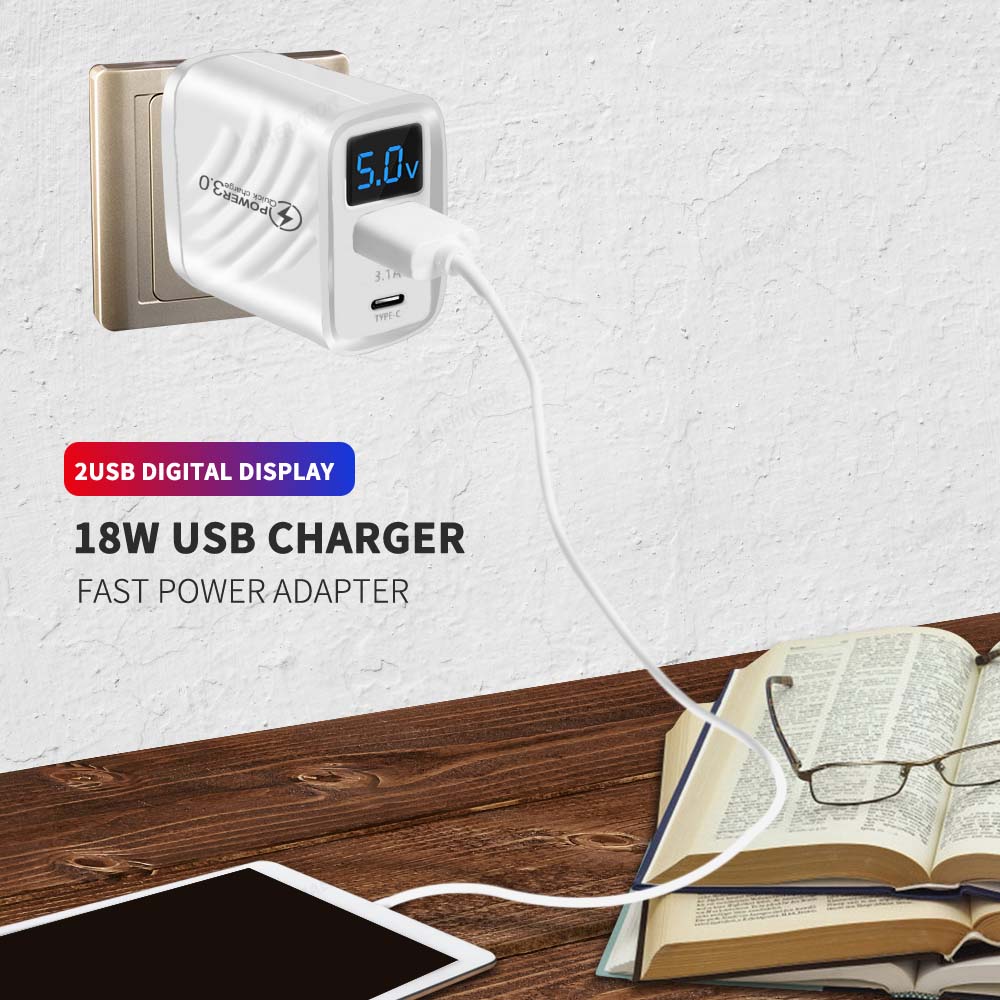 20W USB Charger Fast Charging 2 Ports Type C Phone Charger Adapter for IPhone Samsung Xiaomi Digital Display USB C Wall Charger