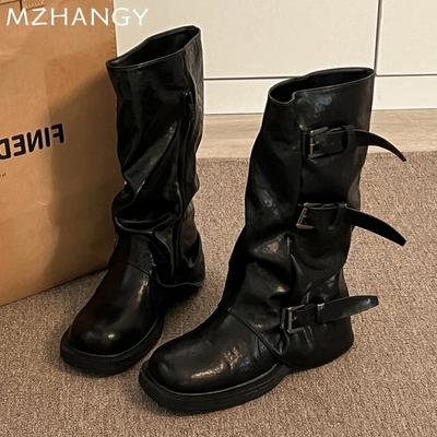 Модные женские кожаные высокие сапоги, массивные плиссированные туфли, женские, 2025, трендовые дизайнерские зимние мотоциклетные сапоги, зимние новые ботинки Chelsea Mujer