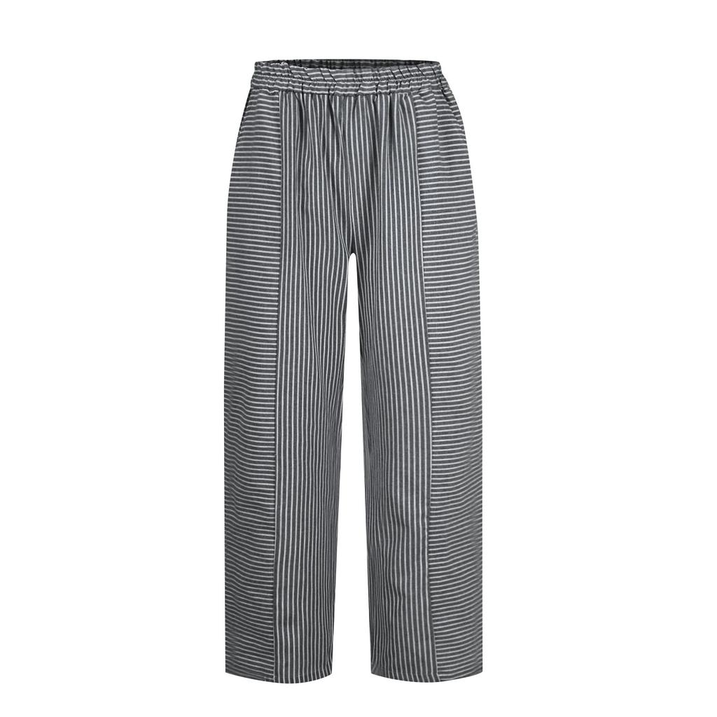 Women Casual Stripe Print Up Trendy Pants Baggy Elastic Waist Straight Leg Comfort Trousers With Pocket