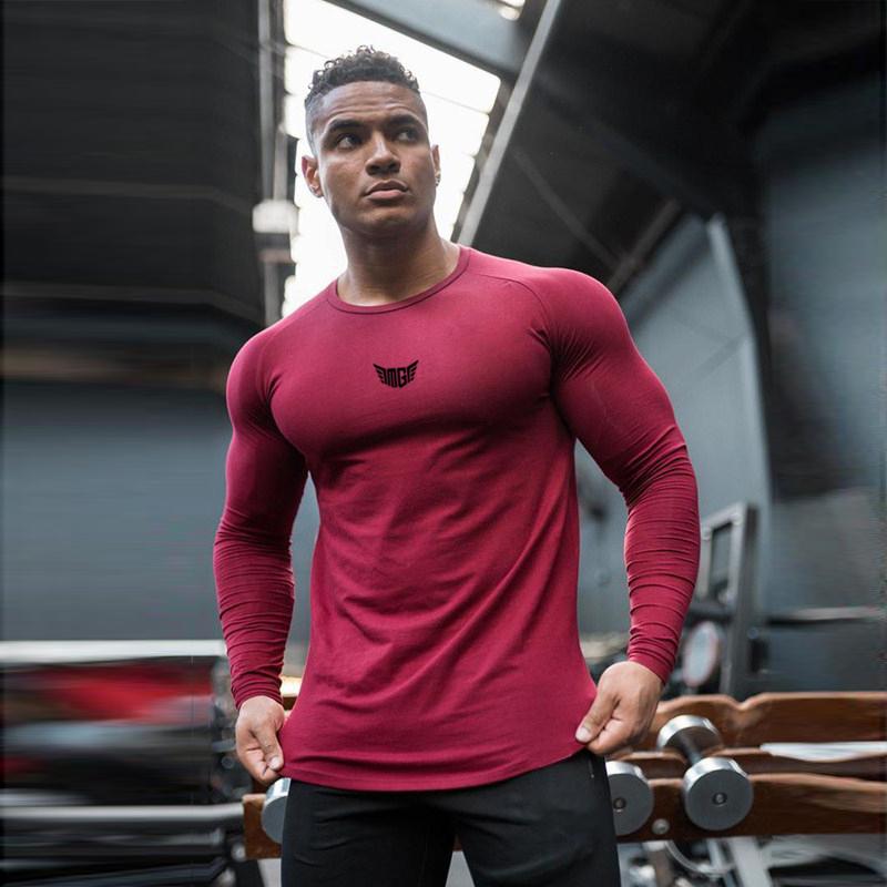 Muscleguys Брендовая футболка мужская весенняя хлопковая футболка мужская однотонная спортивная футболка с круглым вырезом топы с длинными рукавами мужские облегающие футболки