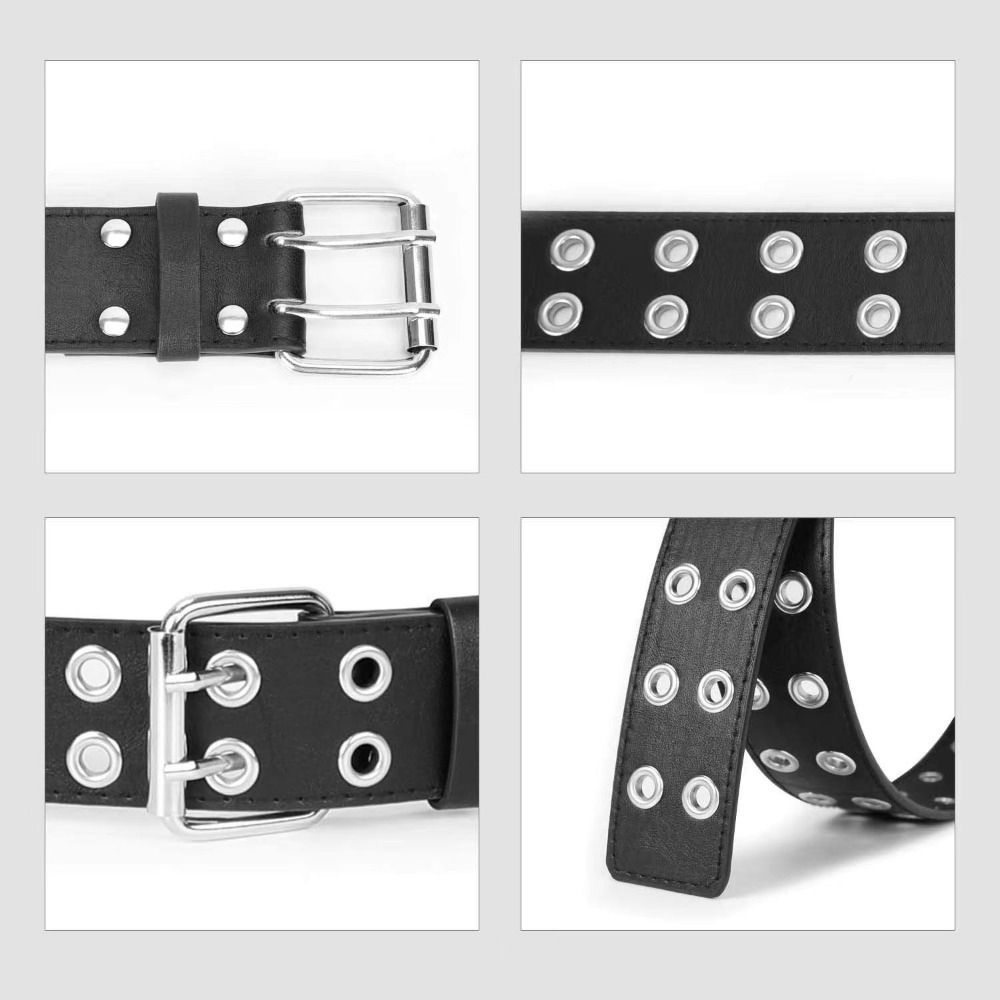 Punk Double Row Hole Belt Metal Buckle Hip-hop Waist Belt PU Leather Star Waistbands  Female/Girls