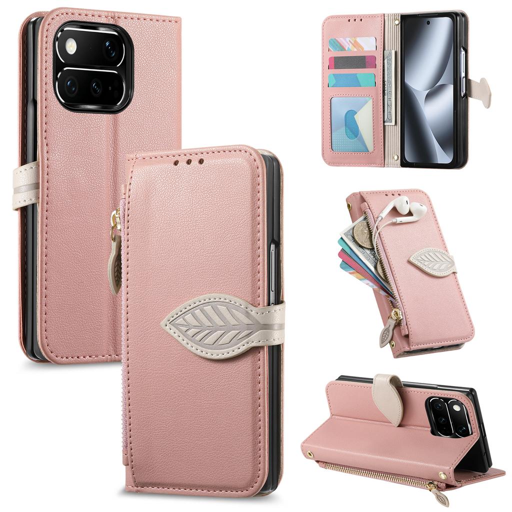 Leaf Buckle Flip Zipper Wallet Cards Solt Leather Case for Google Pixel 11 Pro Fold Shockproof Comfortable Grip Book Stand Cover
