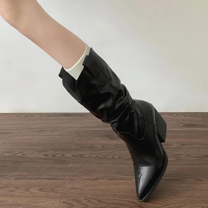 Винтажные женские сапоги-ковбойши с острым носком, модные туфли без застежек, осень-зима, на толстом каблуке, женские полусапожки до середины голени