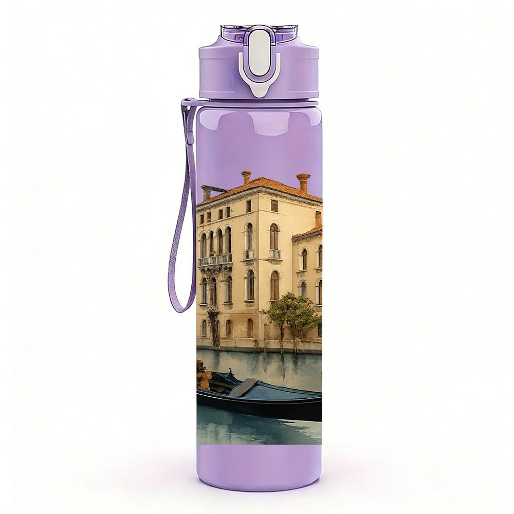 1PC Venice Canal Vintage Watercolor 750ml Color Plastic Sports Water Bottle Leakproof Flip Straw Lid For Sports Office Home Use