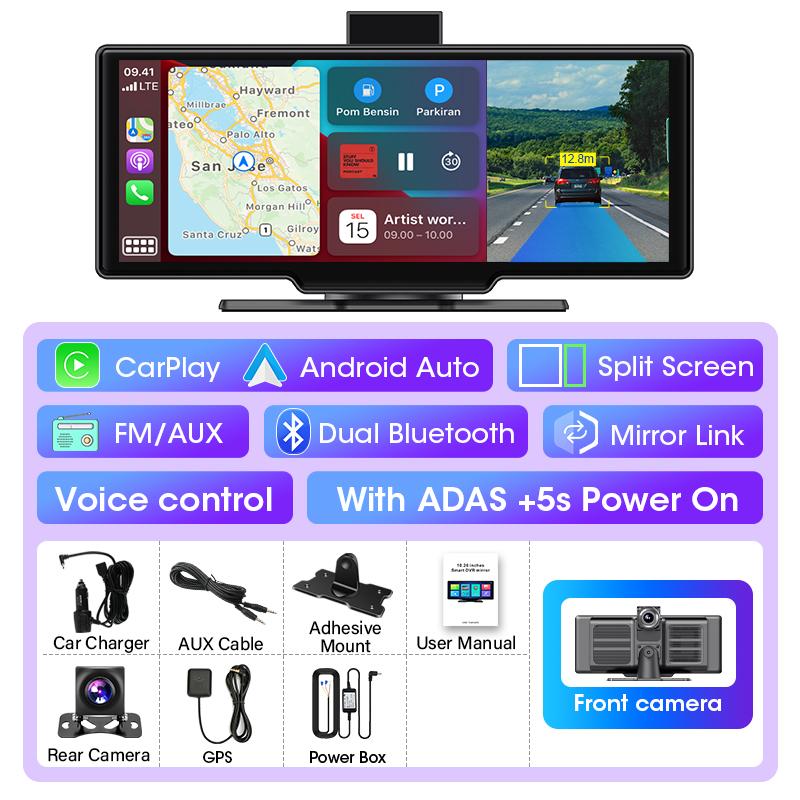 10,26-дюймовый 4K-видеорегистратор для автомобиля ADAS DVR, беспроводной Carplay и Android Auto, экран BT, WiFi, GPS-навигация, видеорегистратор, AUX-зеркало, монитор