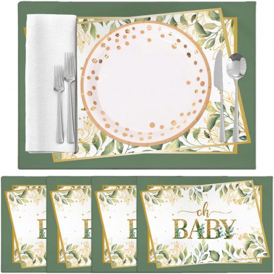 Eucalyptus Leaves Placemats Set of 4, Welcome Baby Waterproof Linen Placemats, Baby Shower Party Supplies, Table Mats for Indoor or Outdoor Dining