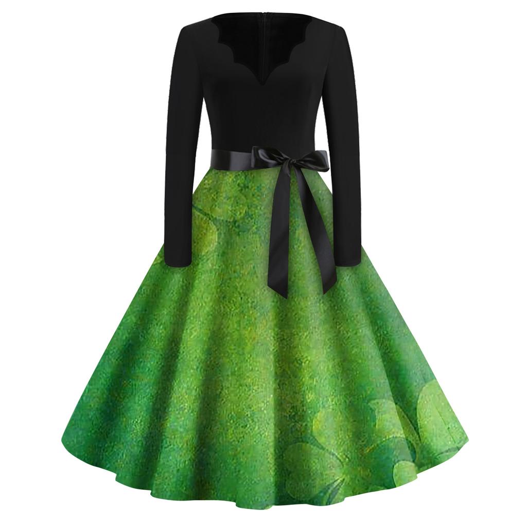 Women's Fashion V-Neck Casual Slim St Patrick's Day Printed Long Sleeve Dresses