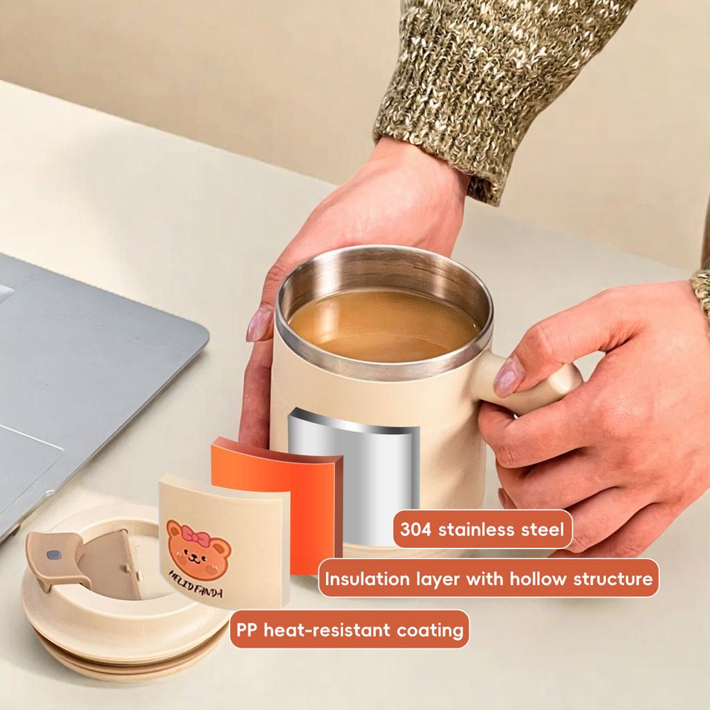Милая портативная двухслойная термокружка для кофе со складной ложкой, чашка для воды из нержавеющей стали 304, герметичная посуда для напитков