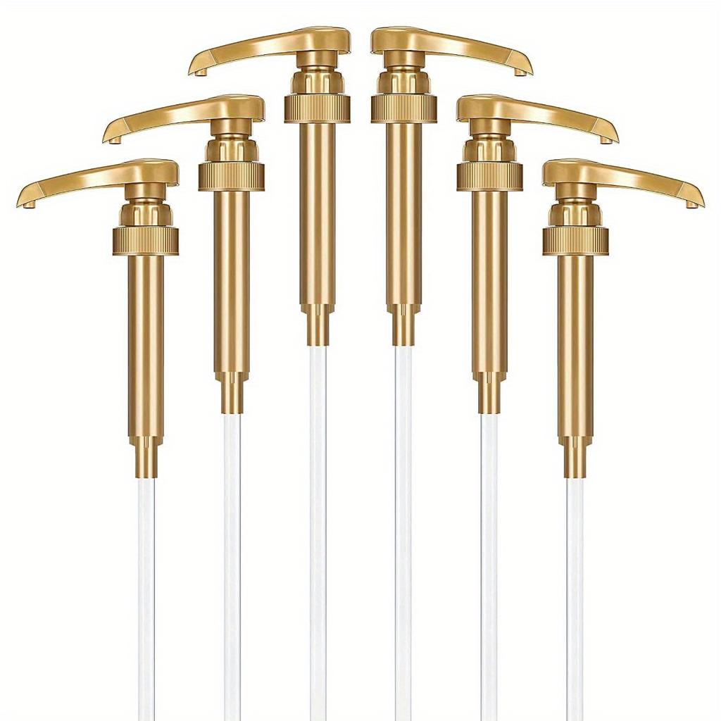 Set of 6 gold-colored syrup pumps, suitable for coffee syrup bottles, and compatible with 25.36-ounce narrow-neck bottles.