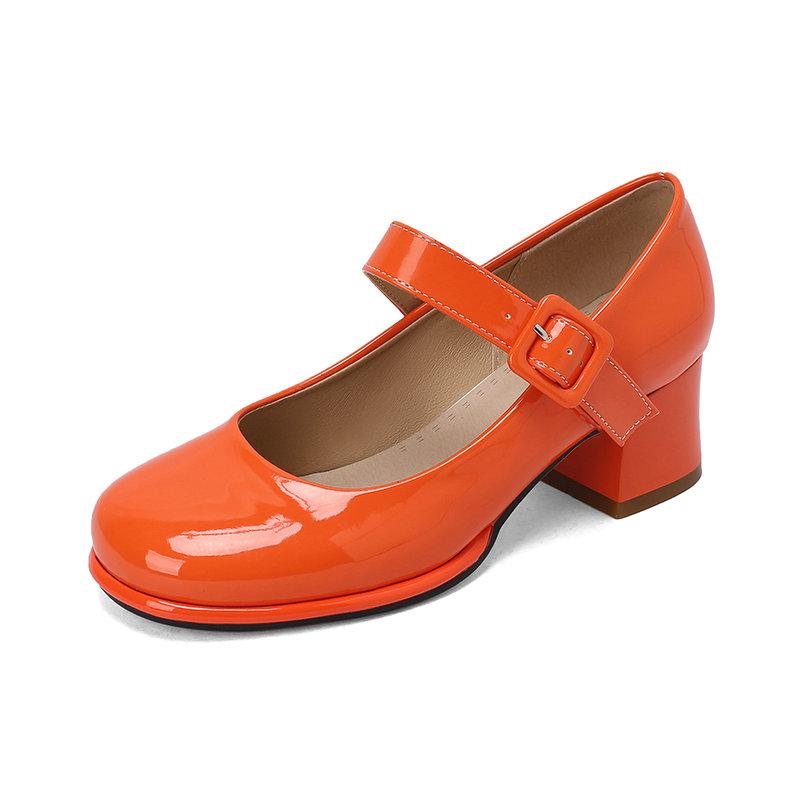 Patent PU Leather Orange Red Closed Toe Women Pumps Big Size 47 48 Mature Lady Office Shoes Buckle Strap Mary Jane Chunky Heels Big Plus Size 48
