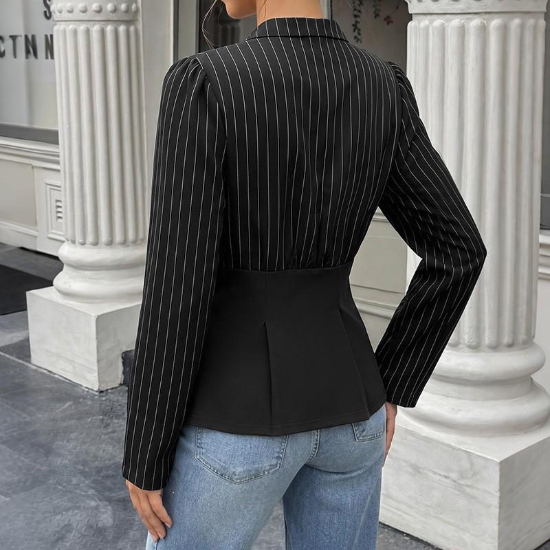 Womens Elegant Striped Wrap Waist Blouse Long Sleeve Office Shirt Slim Fit Professional Workwear 2026 Fall