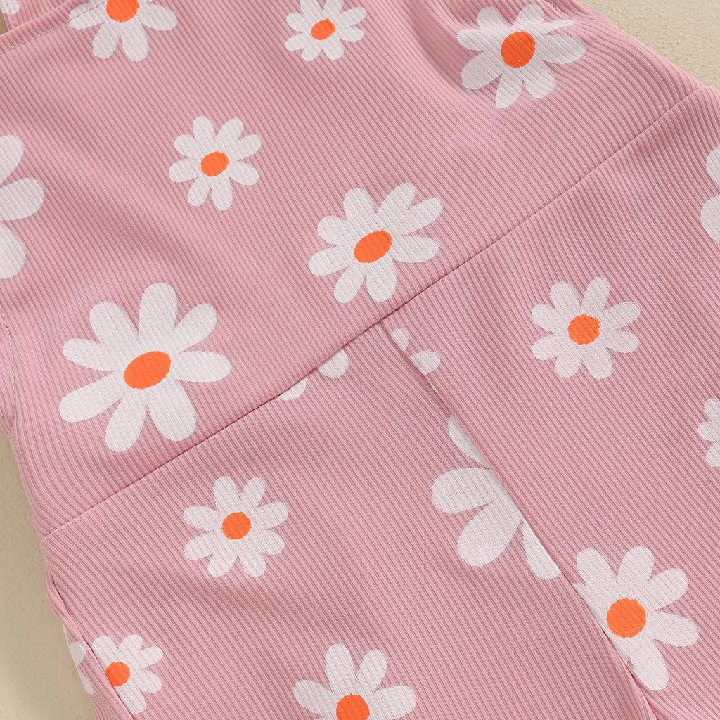 Toddler Girls Summer Flare Jumpsuit Daisy Print Sleeveless Tie-Up Bell-Bottoms Romper