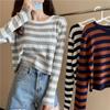 Women's Spring and Autumn Korean-style Crew Neck Pullover Textured Striped Knit Long-sleeve Short Top