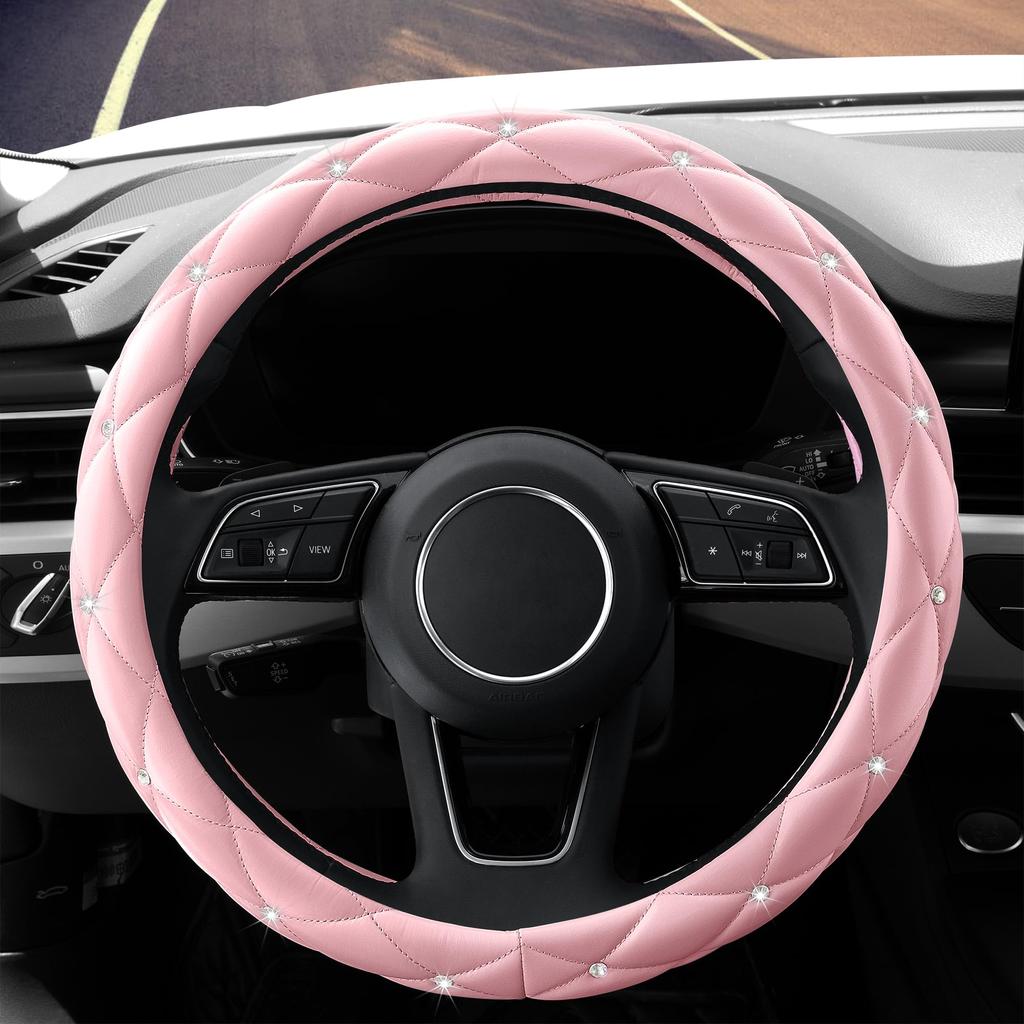 YOGURTCK Cute Diamond Soft Light Pink Leather Anti-Slip Steering Wheel Cover with Bling Crystal