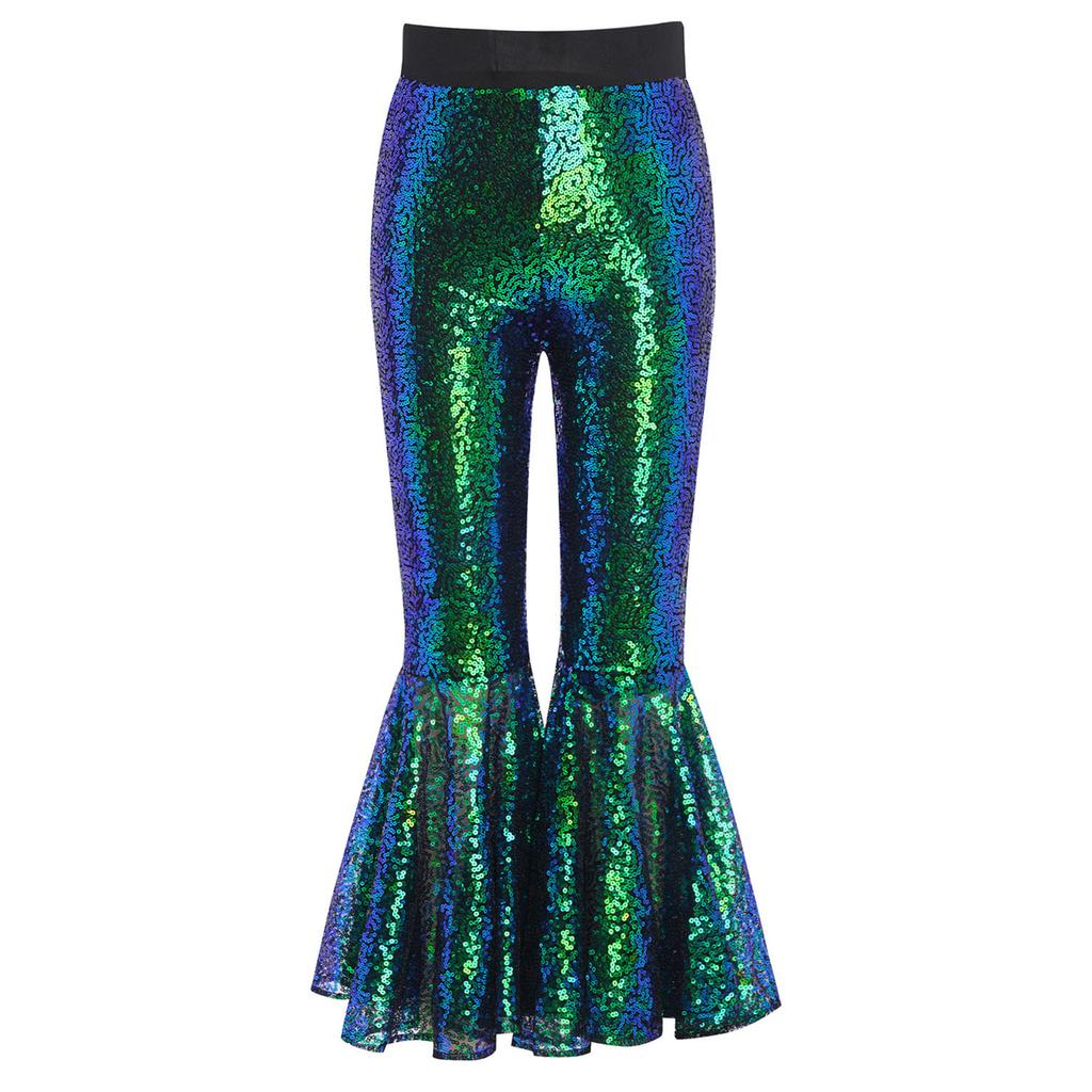 Привлекательные расклешенные танцевальные брюки для девочек: Дизайн с блестящими пайетками по всей длине ноги и эластичным поясом для свободы движений