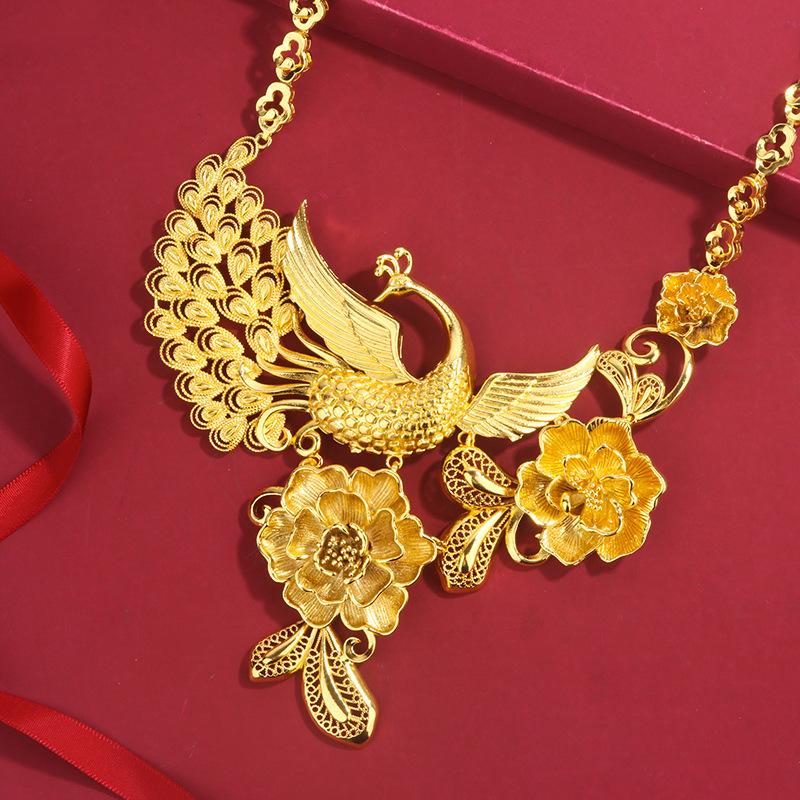 New Vietnamese gold-plated wedding necklace set, vintage ethnic style phoenix necklace for women, gold-plated and long-lasting