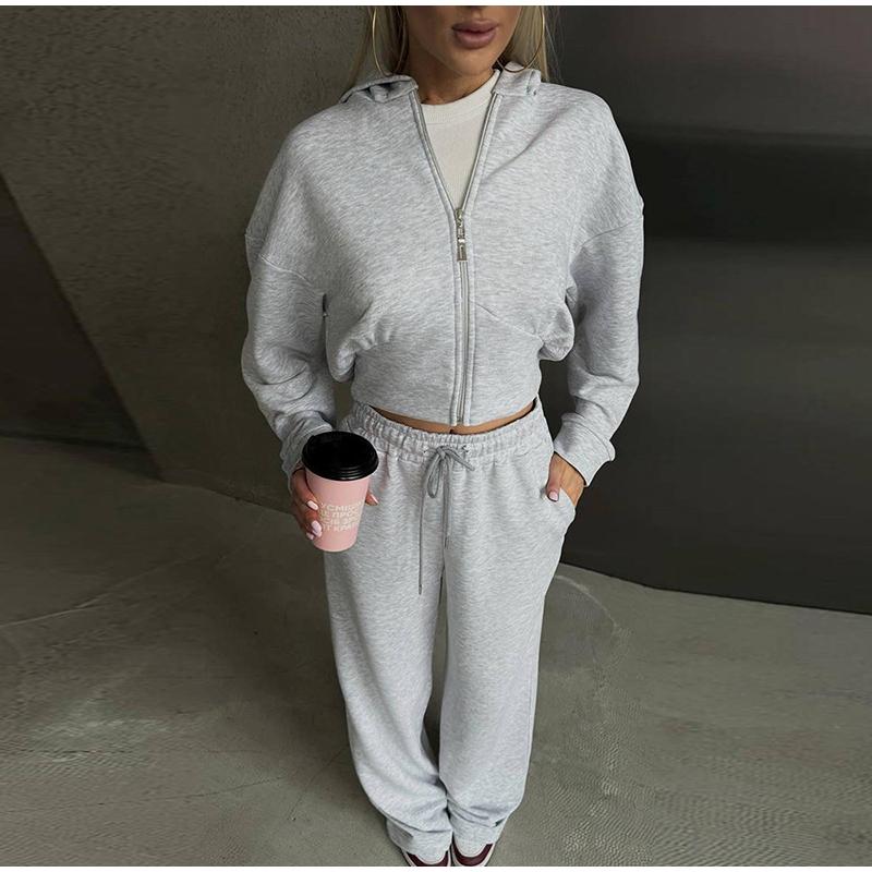 Casual Solid Color Hoodies Pants Set Women Long Sleeve Zipper Short Sweatshirt Slim Drawstring Trouser 2025 Spring Autumn New Lady Tracksuit